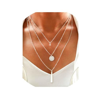 Yalice Dainty Gold/Silver Layered Necklace Chain for Women Sequins Bar Pendant Trendy Jewelry Gift - color: Silver