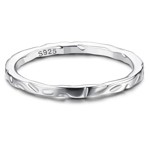 MILACOLATO S925 Sterling Silver Thumb Rings for Women Men Hammered Ring | 18K White Gold Plated Thin Plain Pinky Stackable Statement Band Ring, High Polished Hammered Rings Comfort Fit Size 6 to 11