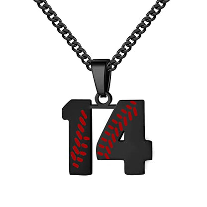 Hatti Doris Baseball Number Necklace for Men 00-99 - Jersey Number Necklace with Stainless Steel Gold Plated Chain & Baseball Charm Pendant - color: Black, style: 14