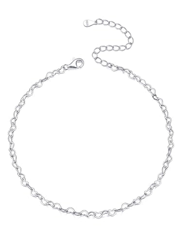 ChicSilver 925 Sterling Silver Ankle Bracelet for Women, Simple Cuban Link/Figaro/Twist Rope Chain Anklets for Beach Party(with Gift Box) - style: 10: Heart Chain