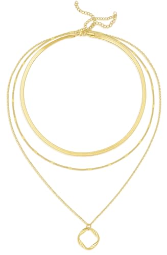 Evabelle Gold Layered Necklace for Women Trendy Jewelry 14K Real Gold Plated Chunky Chain Stackable Necklaces Dainty Choker Necklaces Rectangle Square Pendant - color: Gold Necklace 28