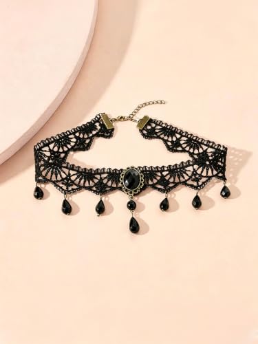 Lace Choker Necklace for Women Tassel Pendant Choker Necklaces Elegant Boho Collar Necklaces Statement Artistic Chain Necklace with Pearl Halloween Party Cosplay Costume Jewelry - color: Black Lace Pearl-2