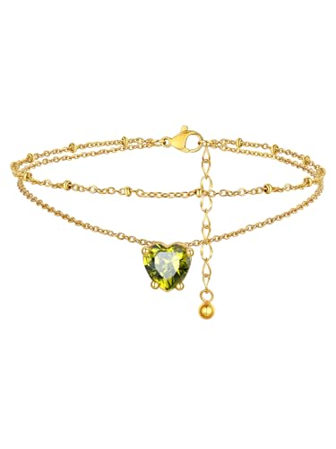 FindChic Bling Heart Birthstone Anklets Layered Beaded Ankle Bracelets for Women Gold/Black/Silver 12 Month Gem Colors Foot Chain Summer Jewelry for Girls, with Gift Box - color: Gold, style: 08. Aug.-Created Peridot(Prong Setting)