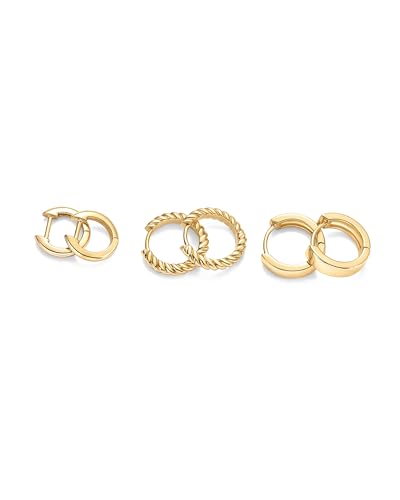 PAVOI Gold Hoop Earrings for Women - 14K-18K Yellow Gold Plated 925 Sterling Silver - Hypoallergenic 3-Pair Small Hoop Earings Set with Cubic Zirconia - Rope Teardrop & Chunky Huggie Styles Earscape Piercings - style: Rope