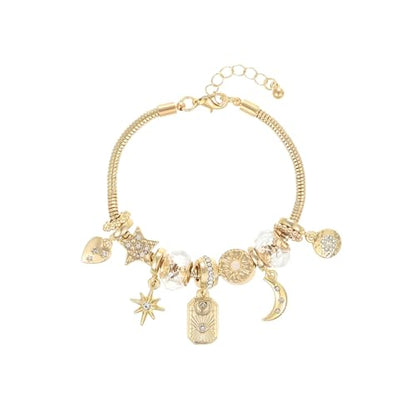 Madison Tyler Gold Plated Bracelet for Women | Celestial Rectangular Plaque Evil Eye Ace of Hearts Playing Card Beaded Charm Bracelet | Cute Adjustable Snake Chain Bracelet - style: Celestial Rectangular Plaque