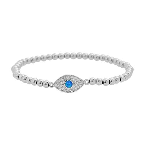 Women Evil Eye Ball chain Elastic bracelet with CZ Cubic Zirconia - color: Opal Silver