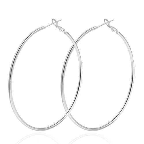1 Pairs 60/70mm Silver 14K Gold Rose Gold Hoop Earrings for Women Hypoallergenic Stainless Steel Lightweight Big Hoops Shiny Dangle Earrings Trendy Jewelry Gifts - color: 60mm-Silver Hoop Earrings