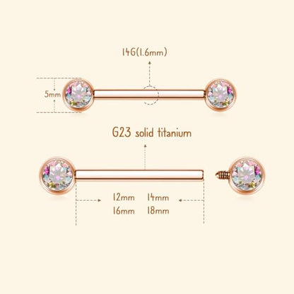AROWRO Nipple Piercing Jewelry Nipple Rings Titanium Nipple Rings Implant Grade Hypoallergenic 14G Internally Threaded Straight Barbells with Cubic Zirconia Opal Gold Silver Rose Gold Black 12mm 14mm 16mm 18mm 20mm - color: Rose Gold+Clear ABCZ