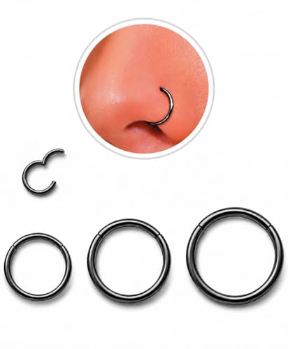 AMASIS Nose Rings and Nose Studs Set, Stainless Steel Hinged Nose Hoops and CZ Studs, Select Sizes and Styles for Nostril Septum Cartilage Piercing Jewelry - color: Black, size: 3-Piece Hoops,18Gauge,6/8/10mm