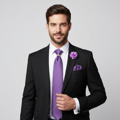 5PCS Mens Silk Tie, Pocket Square, Cufflinks, Drilled Tie Ring and Lapel Pin Set for Wedding Groom Party - color: Solid Purple Tie Set -74+11