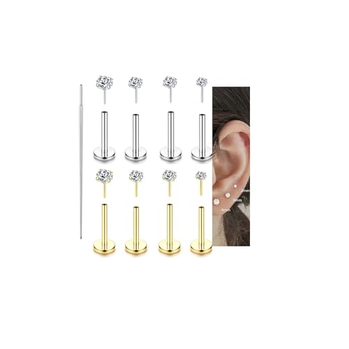 Incaton 18G Threadless Flat Back Stud Earrings For Women Men, 316L Surgical Steel Hypoallergenic Push in Nose Studs CZ Nose Nostril Tragus Helix Labret Studs Lip Rings Piercing Jewelry - color: GOLD + Silver