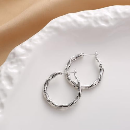 14k Gold Plated Hoop Earrings for Women, 925 Sterling Silver Posts Thick Twist Hypoallergenic Chunky Large Earrings 20mm 30mm 40mm 50mm - color: silver, size: 30mm