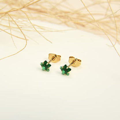 12 Pairs 18K Gold Plated Surgical Stainless Steel Stud Earrings, Star Heart Square Stud Earring for Women, Cubic Zirconia Birthstone Stud Earrings Set - color: Gold star 4mm
