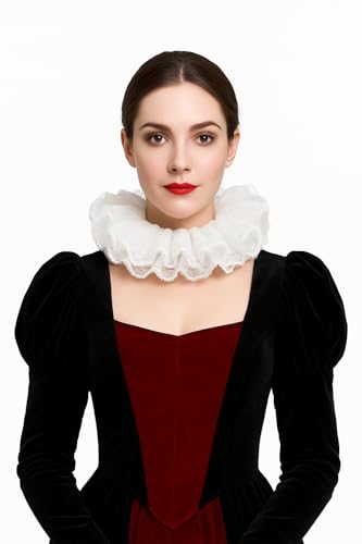Neck Ruffle Collar and Lace Cuffs Set Victorian Collars Costume Accessories | for Cosplay, Halloween, Masquerade, Party, Clown, Vampire, Princess, Prince Outfits-White - color: White