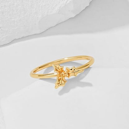 Birth Flower Stacking Ring for Women | 14K Gold Plated Brass, 12 Engraved Floral Motifs, Slim Stack-Ready Band, Available in US Sizes 5-9 - style: Dec.-Holly