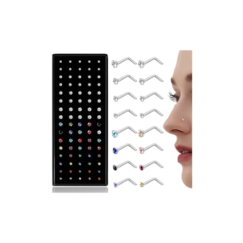 LOLIAS 80-160Pcs Surgical Steel Nose Rings Studs for Women Hypoallergenic | Straight or L Shaped Small Nose Studs Pin,Hypoallergenic 20G 22G Tiny Bone Nose Piercing Jewelry, 1.5/2/2.5/3 mm CZ Mix - color: 80Pcs 22G L shaped（white&multicolor）
