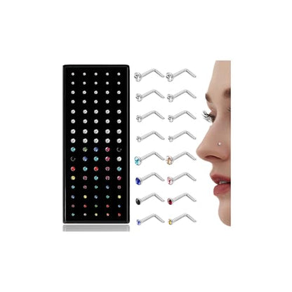 LOLIAS 80-160Pcs Surgical Steel Nose Rings Studs for Women Hypoallergenic | Straight or L Shaped Small Nose Studs Pin,Hypoallergenic 20G 22G Tiny Bone Nose Piercing Jewelry, 1.5/2/2.5/3 mm CZ Mix - color: 80Pcs 22G L shaped（white&multicolor）