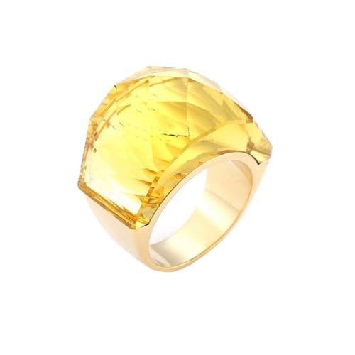 Oversize Crystal Glass Rhinestone Statement Ring Stainless Steel Pink Royal Purple Rainbow Cubic Zirconia Chunky Wedding Band for Women Cocktail Party Ring for Ladies Birthday - color: Gold Yellow Stone
