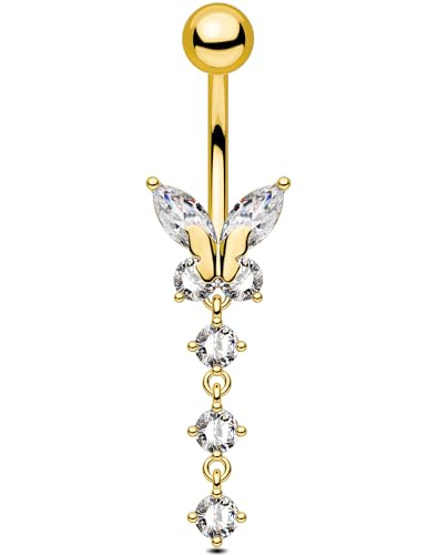 OUFER Gold Belly Button Ring, 14G Butterfly Dangle Belly Button Piercing, Pave Clear CZ Belly Rings, 316L Surgical Steel Navel Belly Piercing Jewelry For Women - style: CZ Dangle