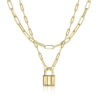 Lock Necklace for Women Paperclip Link Chain Padlock Necklace Non-Tarnish - color: Gold - 2 PCS Layered Lock Necklaces