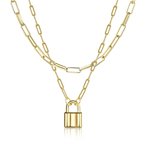 Lock Necklace for Women Paperclip Link Chain Padlock Necklace Non-Tarnish - color: Gold - 2 PCS Layered Lock Necklaces
