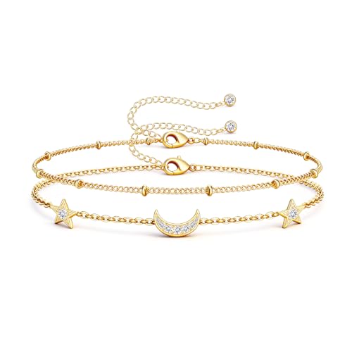 16K Gold Plated Bracelets Set for Women - Dainty Layered Adjustable Hand Chain Bracelet with Cubic Zirconia, Cute Jewelry Gift for Her, Waterproof Hypoallergenic - color: Moon and Star