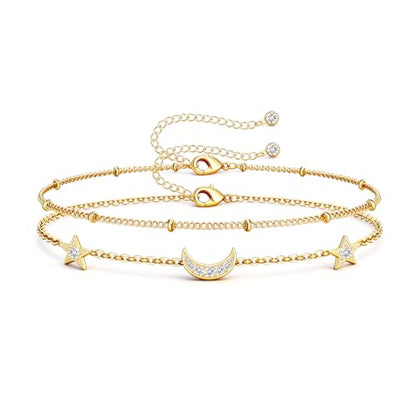 16K Gold Plated Bracelets Set for Women - Dainty Layered Adjustable Hand Chain Bracelet with Cubic Zirconia, Cute Jewelry Gift for Her, Waterproof Hypoallergenic - color: Moon and Star