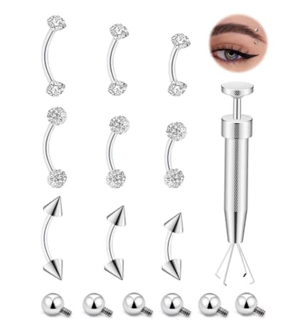 14/16G Eyebrow Piercing Jewelry Set with Tool, Stainless Steel Curved Barbells with Clear Piercing Retainers for Surgery, Ball & Spike Ends, 6/8/10/12mm Eyebrow Rings for Women Men - color: Silver-9pcs-16G