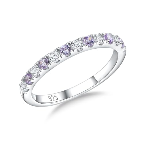 Birthstone Rings Eternity Band 925 Sterling Silver/Yellow Gold-Plated Created Gemstone Stackable Wedding Band 2.7mm Thin Half Eternity Rings for Women Size 6 to 10 - color: 06-Alexandrite-Jun.