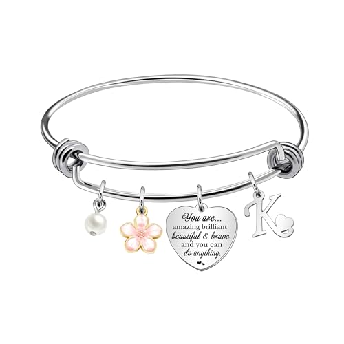 Aeora Inspirtional Bracelet Gift,Funny 26 Letter Initial A-Z Silver Heart Dangle Bangle For Women Lady Daughter Mom Sisters Friends Colleague Birthday Christmas Reminder Jewelry - color: K
