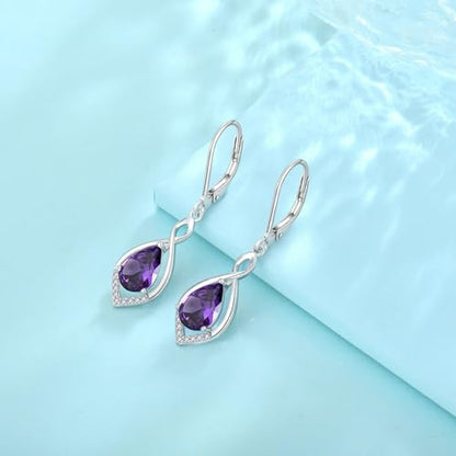 Infinity Teardrop Earrings 925 Sterling Silver Dangle Drop Leverback Earrings Birthstone Jewelry for Women - color: Purple