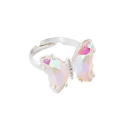 8 Pcs Gold Plated 3D Butterfly Rings Acrylic Adjustable Open Colorful Crystal Bowknot Shaped Band Rings for Women Girls Finger Jewelry - color: mix silver