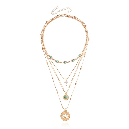 Gold Layered Necklace for Women Summer Boho Layered Stacked Pendant Necklace Country Concert Necklace Turquoise Coin Long Necklace - color: B