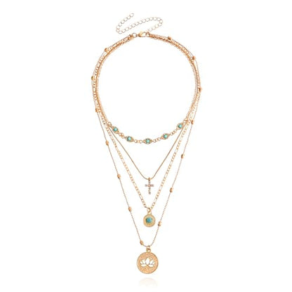 Gold Layered Necklace for Women Summer Boho Layered Stacked Pendant Necklace Country Concert Necklace Turquoise Coin Long Necklace - color: B