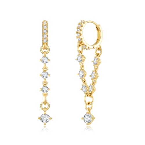 Gold Dangle Hoop Earrings for Women 14K Gold Plated Cubic Zirconia Small Huggie Drop Dangle Earrings Trendy CZ Bridal Wedding Jewelry