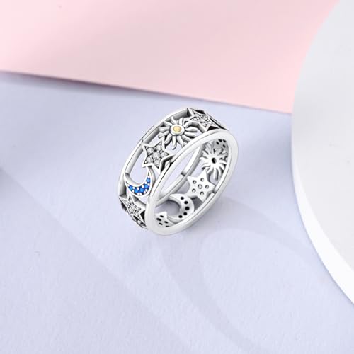 Hapour 925 Sterling Silver Rings for Women Firefly Ring, Glow in the Dark | Sun Moon Star Band Ring Rainbow Evil Eye Chunky Heart Thumb Pinky Stackable Dainty Ring, 14K Gold Plated, Cubic Zirconia - color: Carved Sun and Moon, size: 6
