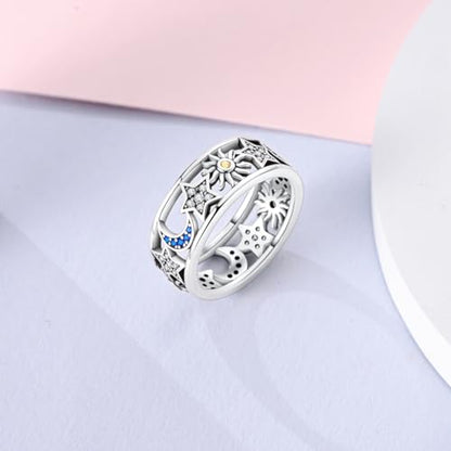 Hapour 925 Sterling Silver Rings for Women Firefly Ring, Glow in the Dark | Sun Moon Star Band Ring Rainbow Evil Eye Chunky Heart Thumb Pinky Stackable Dainty Ring, 14K Gold Plated, Cubic Zirconia - color: Carved Sun and Moon, size: 9