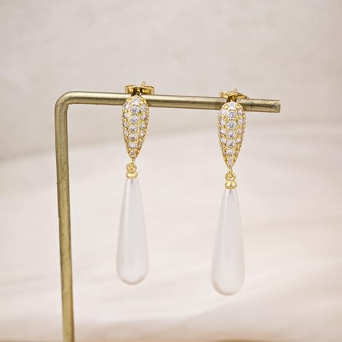 Pearl Earrings for Women Trendy, 14k Gold Plated Freshwater CZ Leaf Pearl Dangle Drop Gold Earrings Lightweight Hypoallergenic Stud Earring Bridesmaid Wedding Gold Jewelry for Women Gifts - style: long pearl earrings