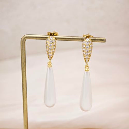 Pearl Earrings for Women Trendy, 14k Gold Plated Freshwater CZ Leaf Pearl Dangle Drop Gold Earrings Lightweight Hypoallergenic Stud Earring Bridesmaid Wedding Gold Jewelry for Women Gifts - style: long pearl earrings