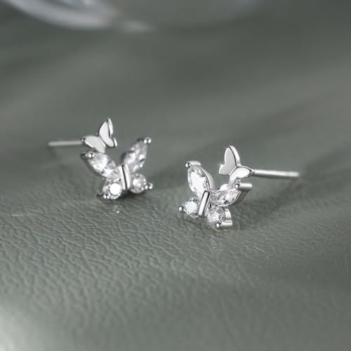 Silver Double Butterfly Crystal Stud Earrings, Dainty Shining Birthstone Birthday Gift Tiny Earrings, Sparkling Zircon Jewelry