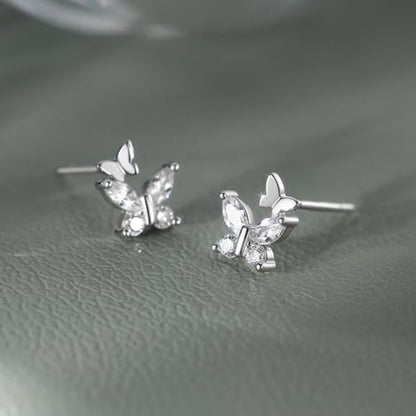 Silver Double Butterfly Crystal Stud Earrings, Dainty Shining Birthstone Birthday Gift Tiny Earrings, Sparkling Zircon Jewelry