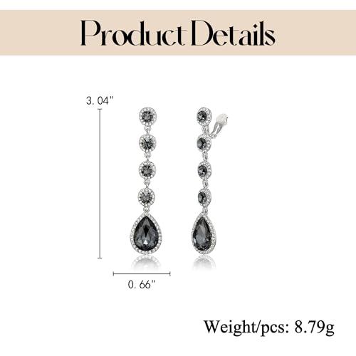 EleQueen Women's Wedding Crystal Teardrop Pear Shape 3 Inch Clip on Long Dangle Earrings for Bride Bridesmaid, Jewelry for Party Prom/Anniversary - color: Grey Silver-Tone