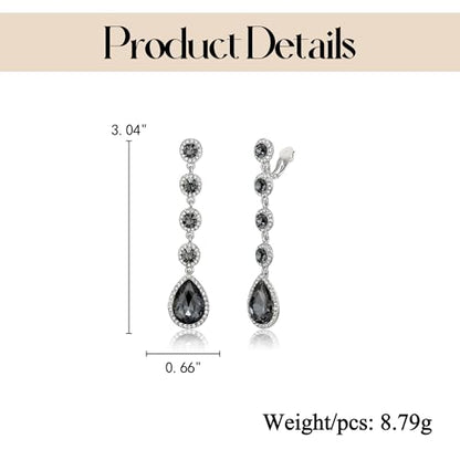 EleQueen Women's Wedding Crystal Teardrop Pear Shape 3 Inch Clip on Long Dangle Earrings for Bride Bridesmaid, Jewelry for Party Prom/Anniversary - color: Grey Silver-Tone