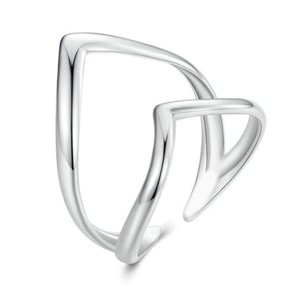 Silver Open Adjustable Stacking Rings for Women, Minimalist Wrap Band Set, Geometric/Heart/Wave/Leaf/Spiral Styles, Hypoallergenic, Gift Box Included, Thumb Ring Option - color: V-shaped Heart