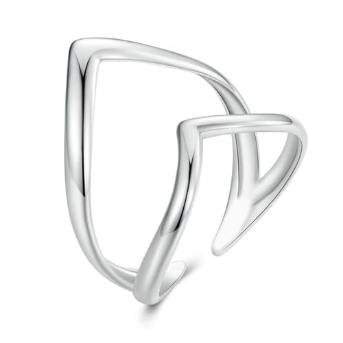 Silver Open Adjustable Stacking Rings for Women, Minimalist Wrap Band Set, Geometric/Heart/Wave/Leaf/Spiral Styles, Hypoallergenic, Gift Box Included, Thumb Ring Option - color: V-shaped Heart