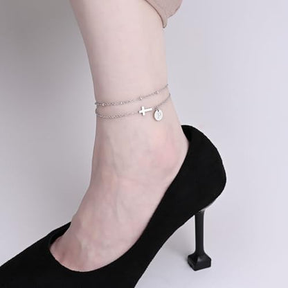 Gold Cross Ankle Bracelets for Women | Anklets for Women Waterproof with Initial Charm (A-Z) | Non Tarnish Summer Beach Jewelry Gifts for Her - color: Silver P