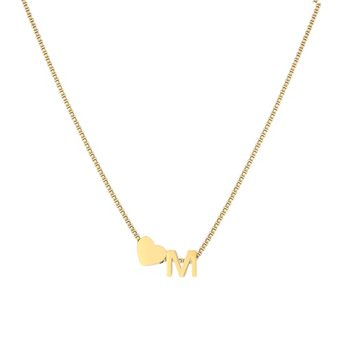 18K Real Gold Plated Heart Initial Necklace for Women-Personalized A-Z Letter Pendant on Durable Stainless Steel Box Chain (16+2.5 inch Adjustable) Hypoallergenic Everyday Jewelry Gift Boxed for Mom Wife - style: Gold:M