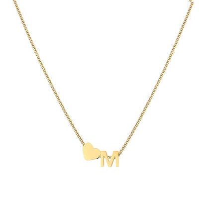 18K Real Gold Plated Heart Initial Necklace for Women-Personalized A-Z Letter Pendant on Durable Stainless Steel Box Chain (16+2.5 inch Adjustable) Hypoallergenic Everyday Jewelry Gift Boxed for Mom Wife - style: Gold:M