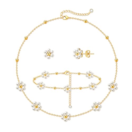 Zeffy Gold Pearl Necklace for Women, Dainty 14K Gold/Silve Plated Layered Pearl Choker Pearl Earrings Pearl Bracelets Wedding Trendy Gold Jewelry Set for Women Gifts - style: Gold Daisy Pearl Necklace Set-3PCS