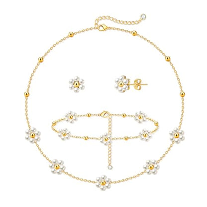 Zeffy Gold Pearl Necklace for Women, Dainty 14K Gold/Silve Plated Layered Pearl Choker Pearl Earrings Pearl Bracelets Wedding Trendy Gold Jewelry Set for Women Gifts - style: Gold Daisy Pearl Necklace Set-3PCS